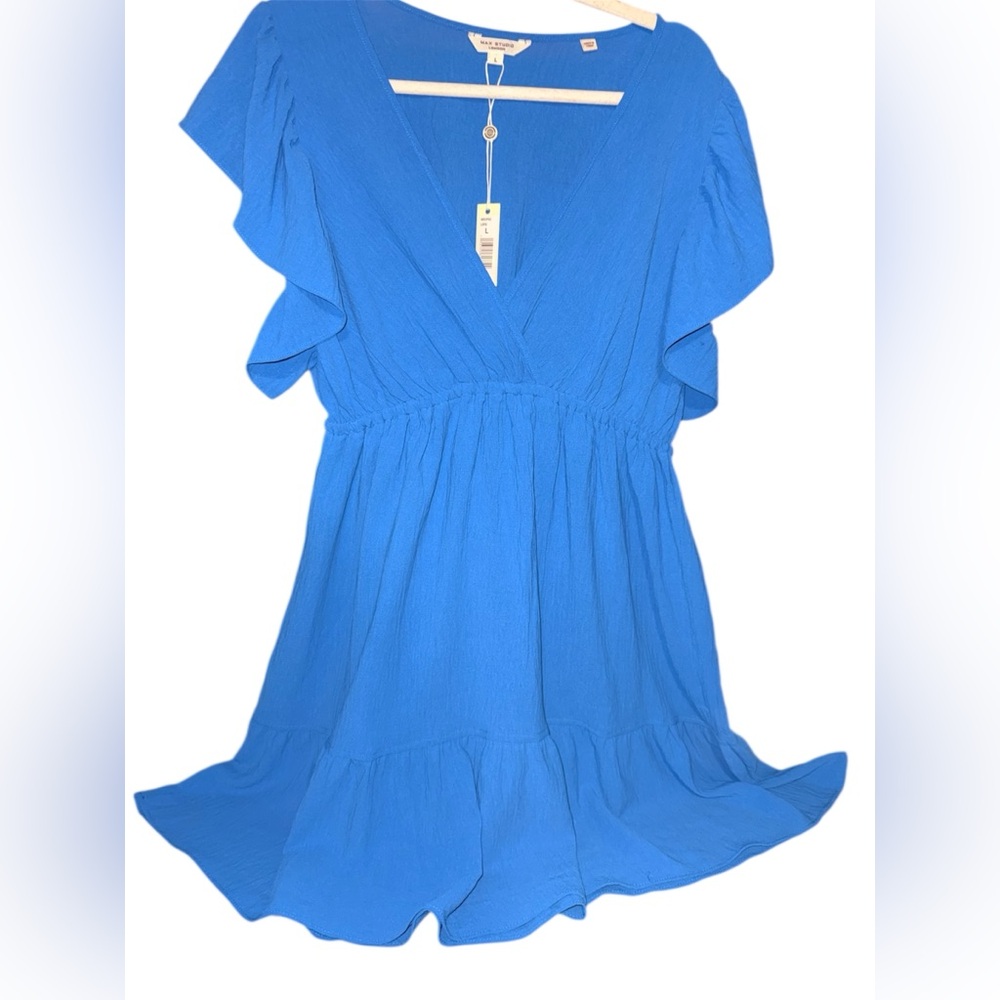 Max Studio Bright Blue V-Neck Ruffle Sleeve Dress